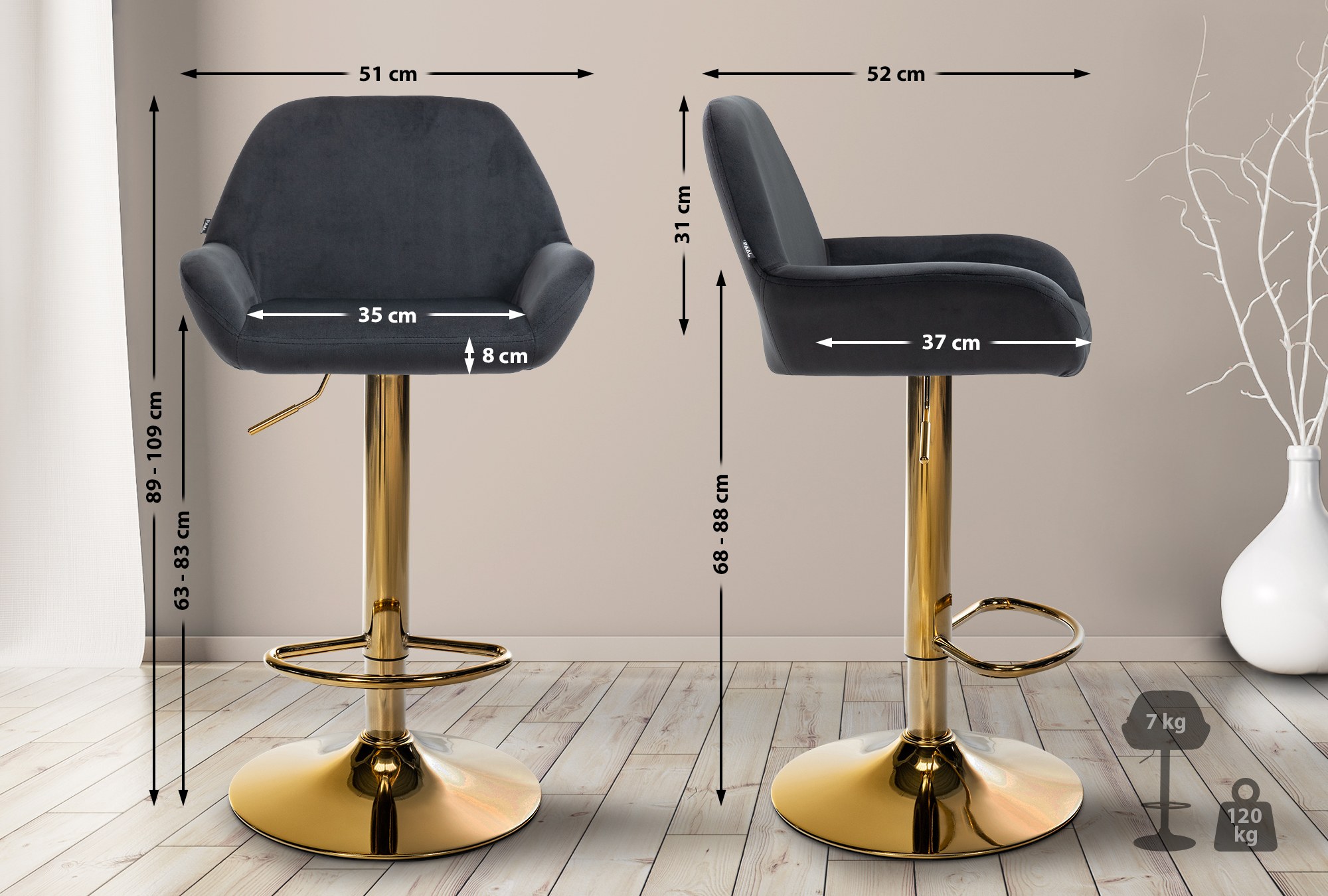 2er Set Barhocker Braga Gold Samt - Image 3