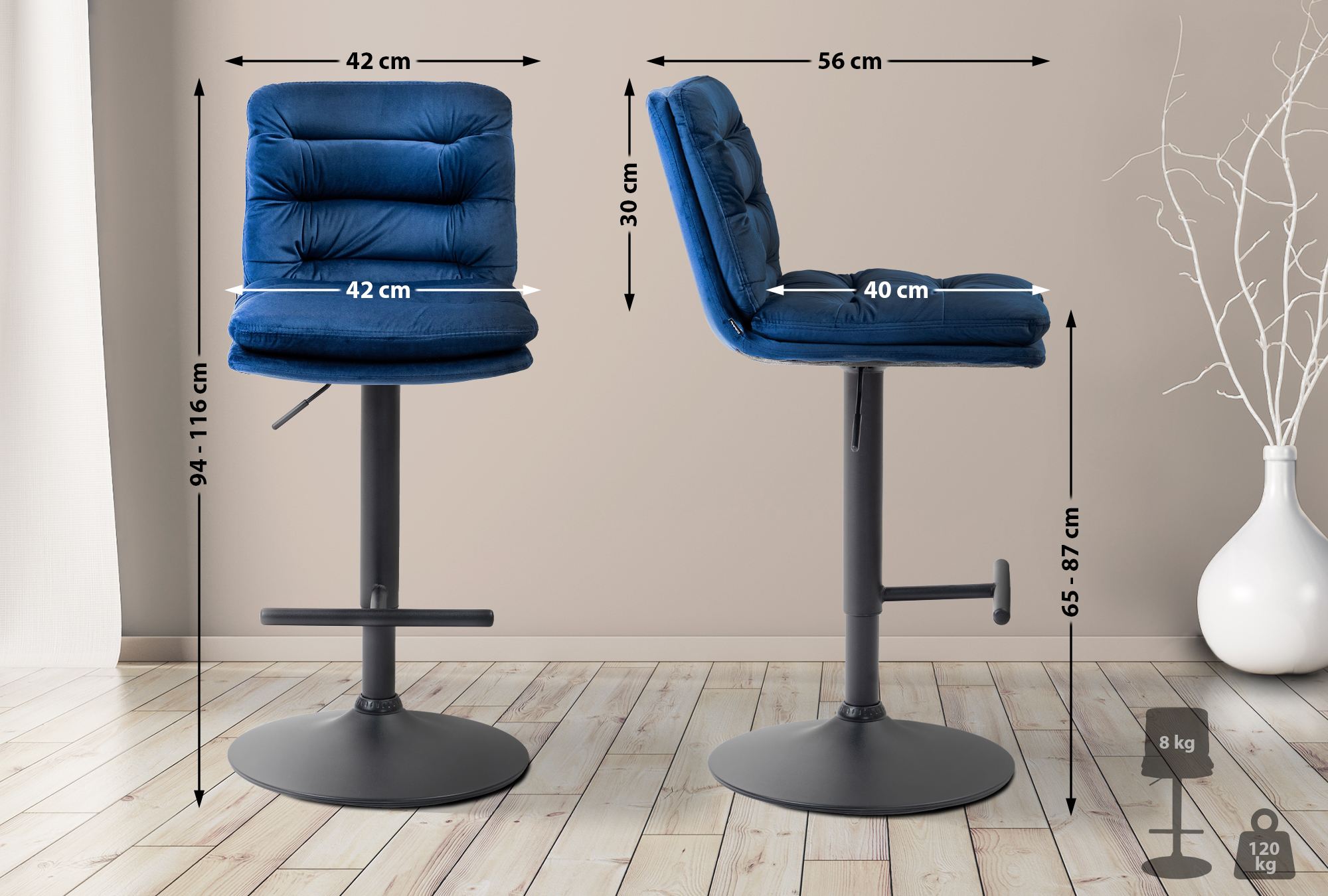 2er Set Barhocker Damar Samt Schwarz - Image 3