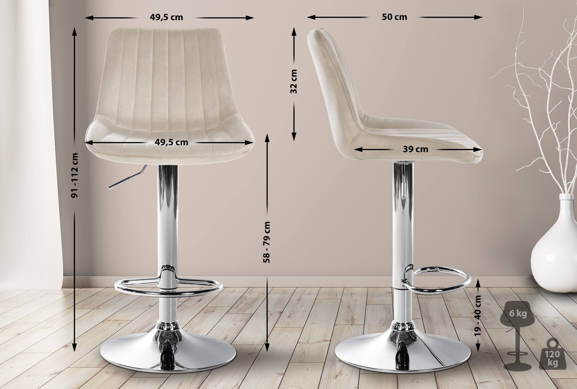 2er Set Barhocker Toni Samt Chrom