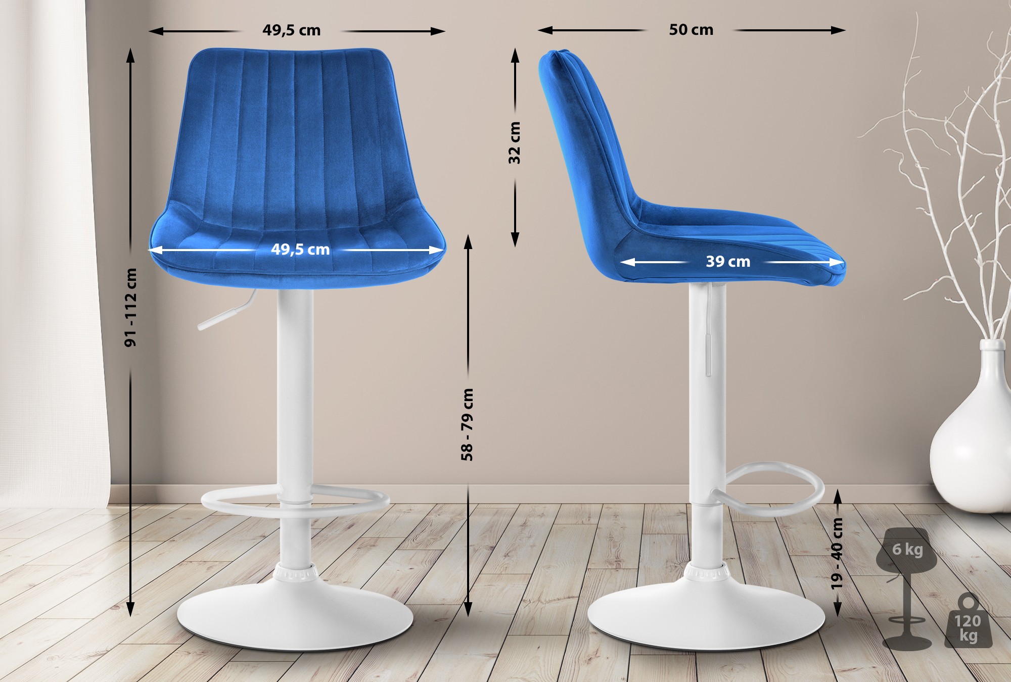 2er Set Barhocker Toni Samt Weiß