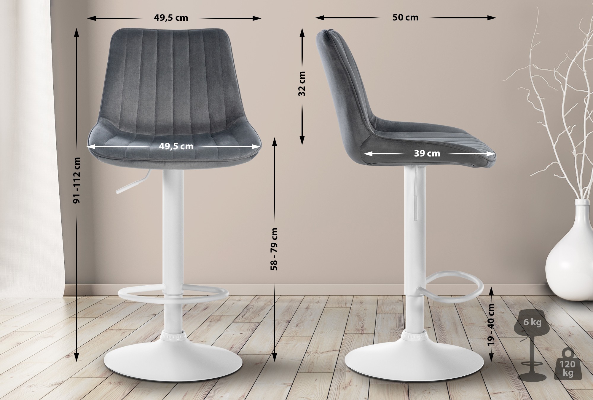 2er Set Barhocker Toni Samt Weiß