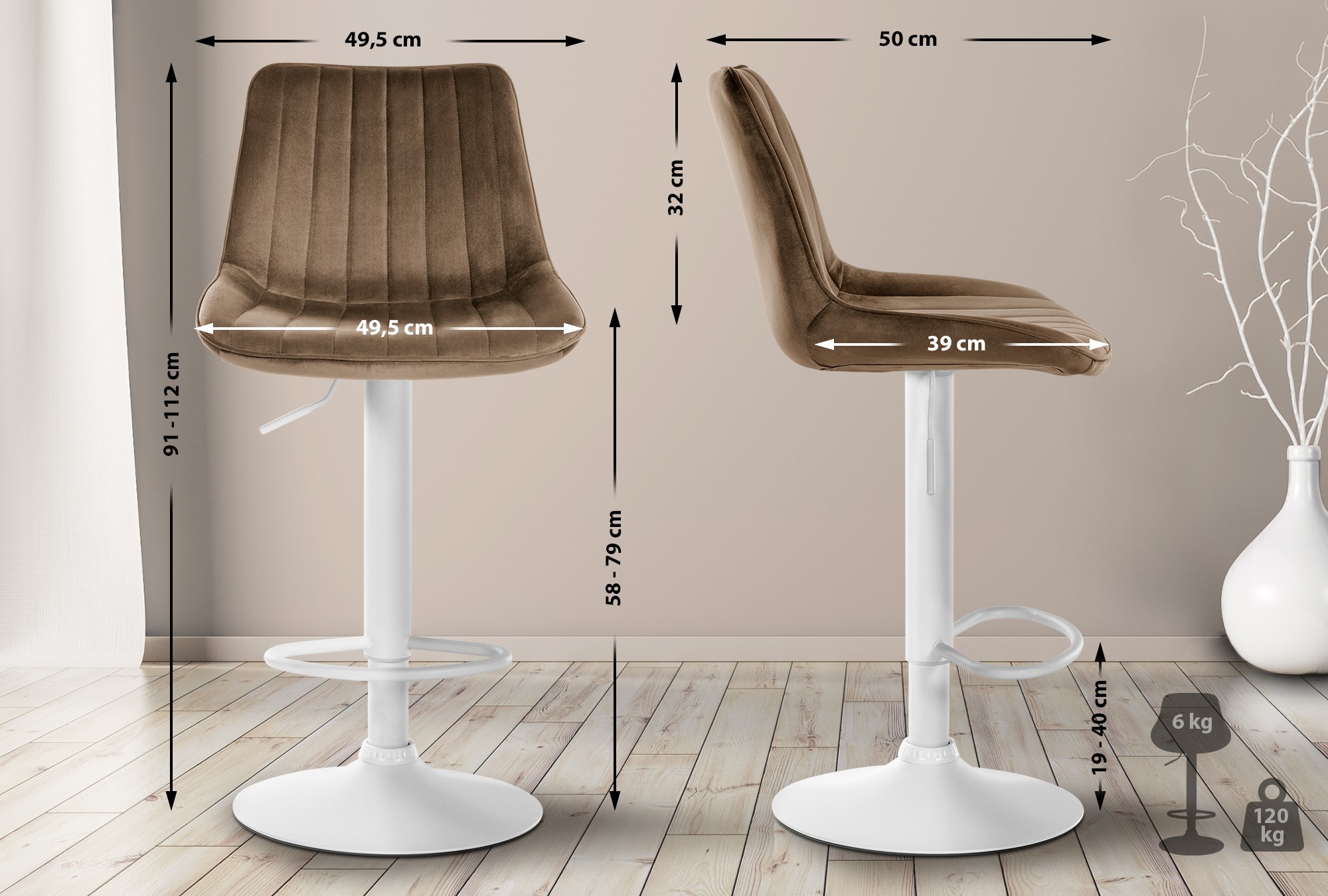 2er Set Barhocker Toni Samt Weiß