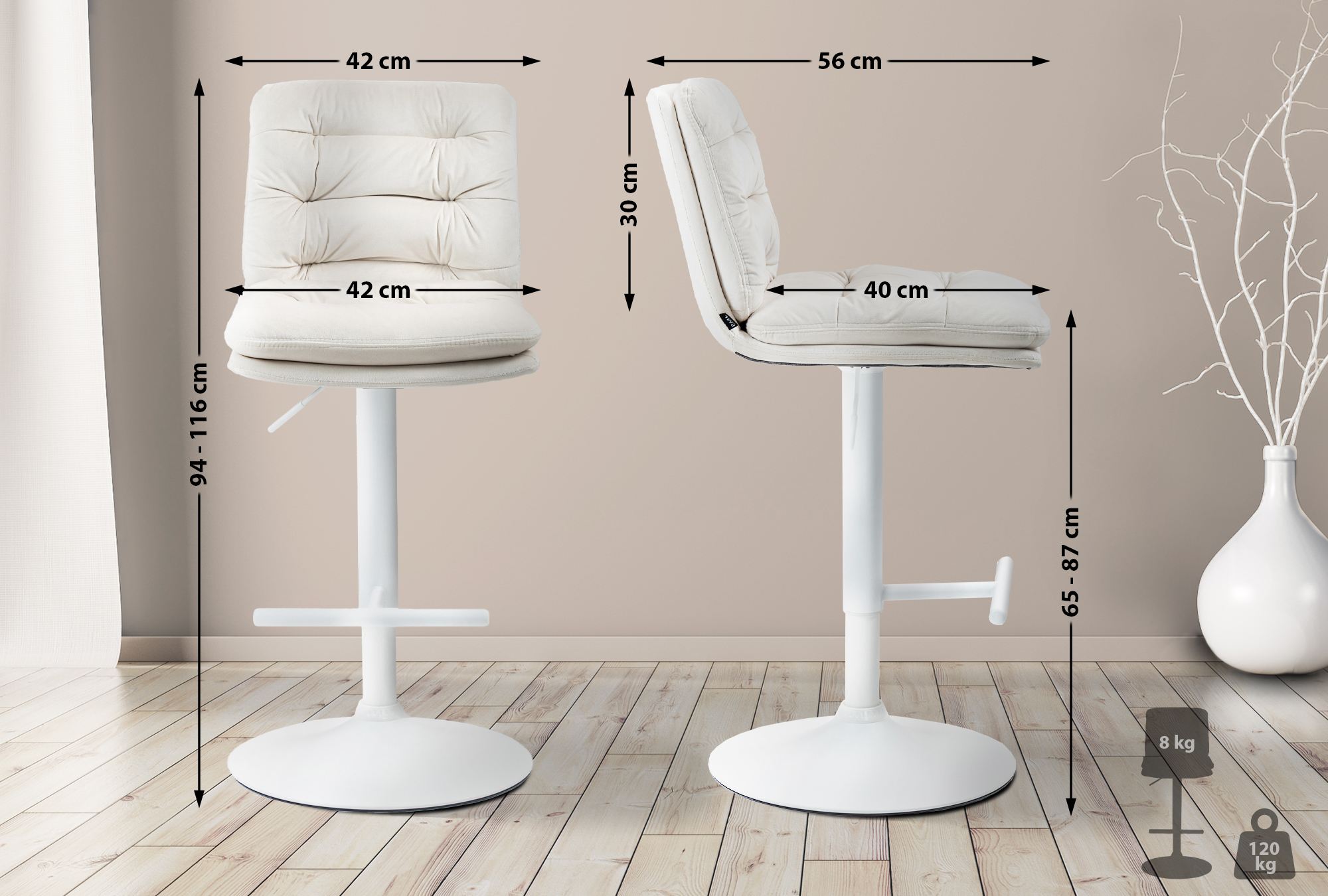 2er Set Barhocker Damar Samt Weiß - Image 3