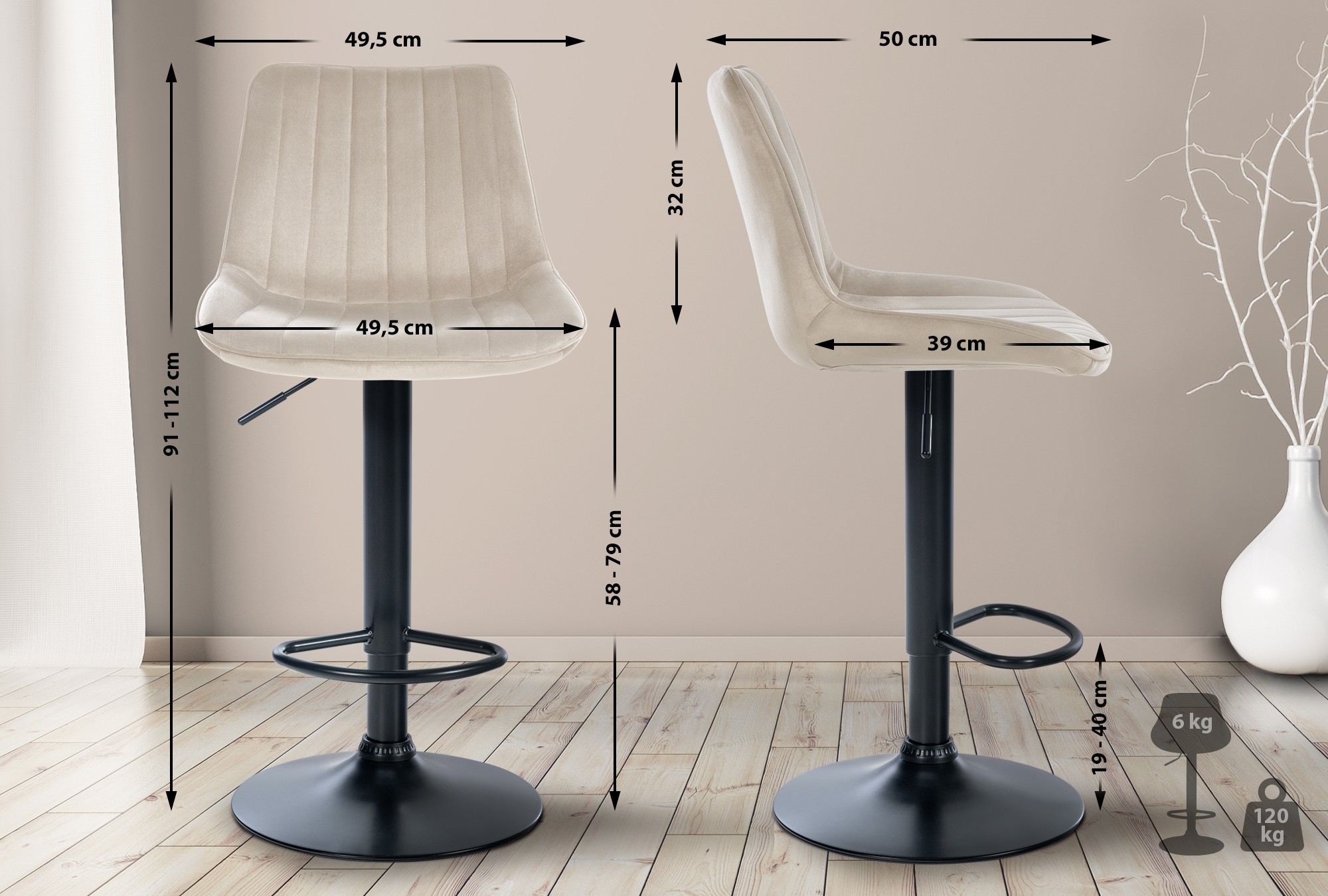 2er Set Barhocker Toni Samt Schwarz