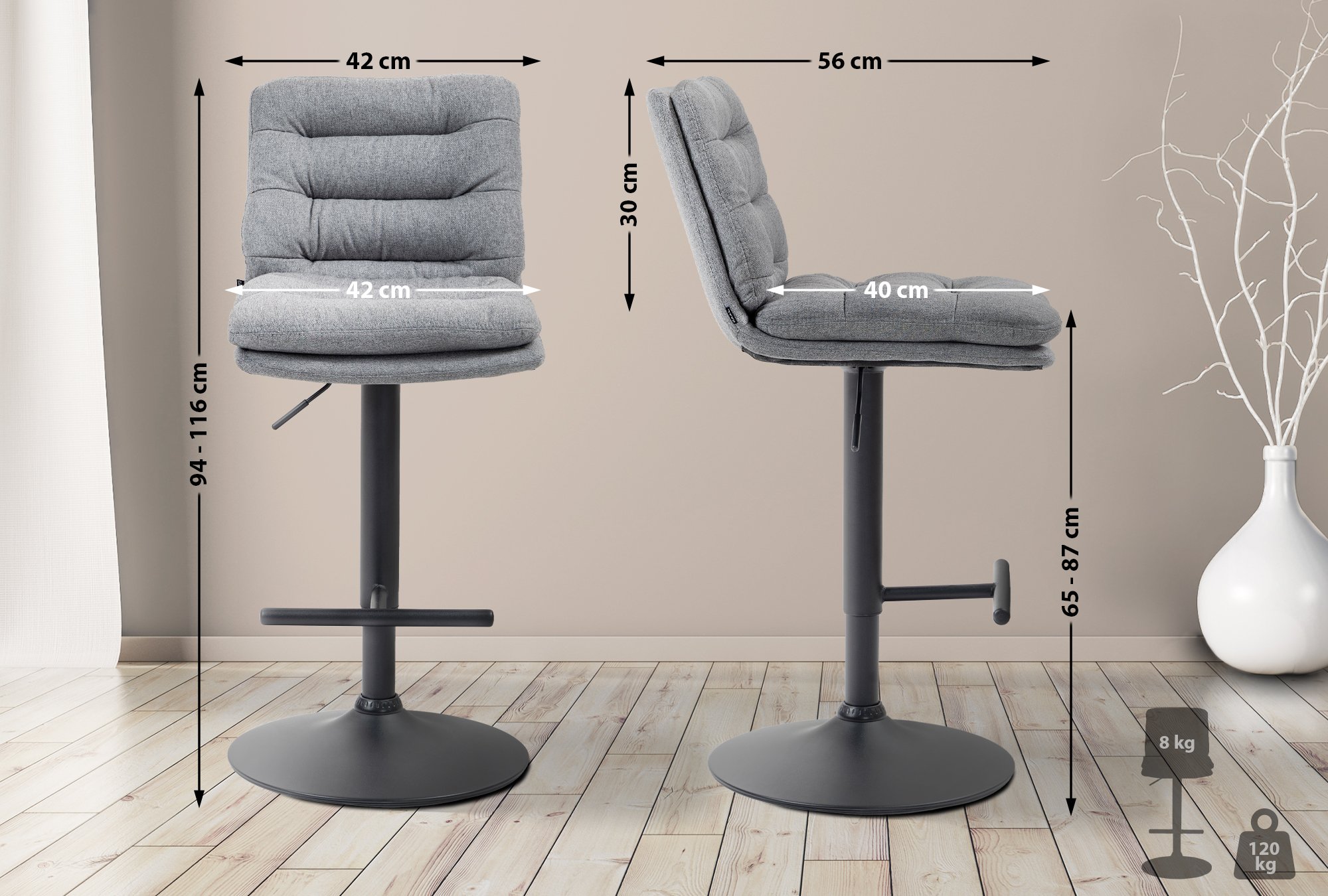 2er Set Barhocker Damar Stoff Schwarz - Image 4