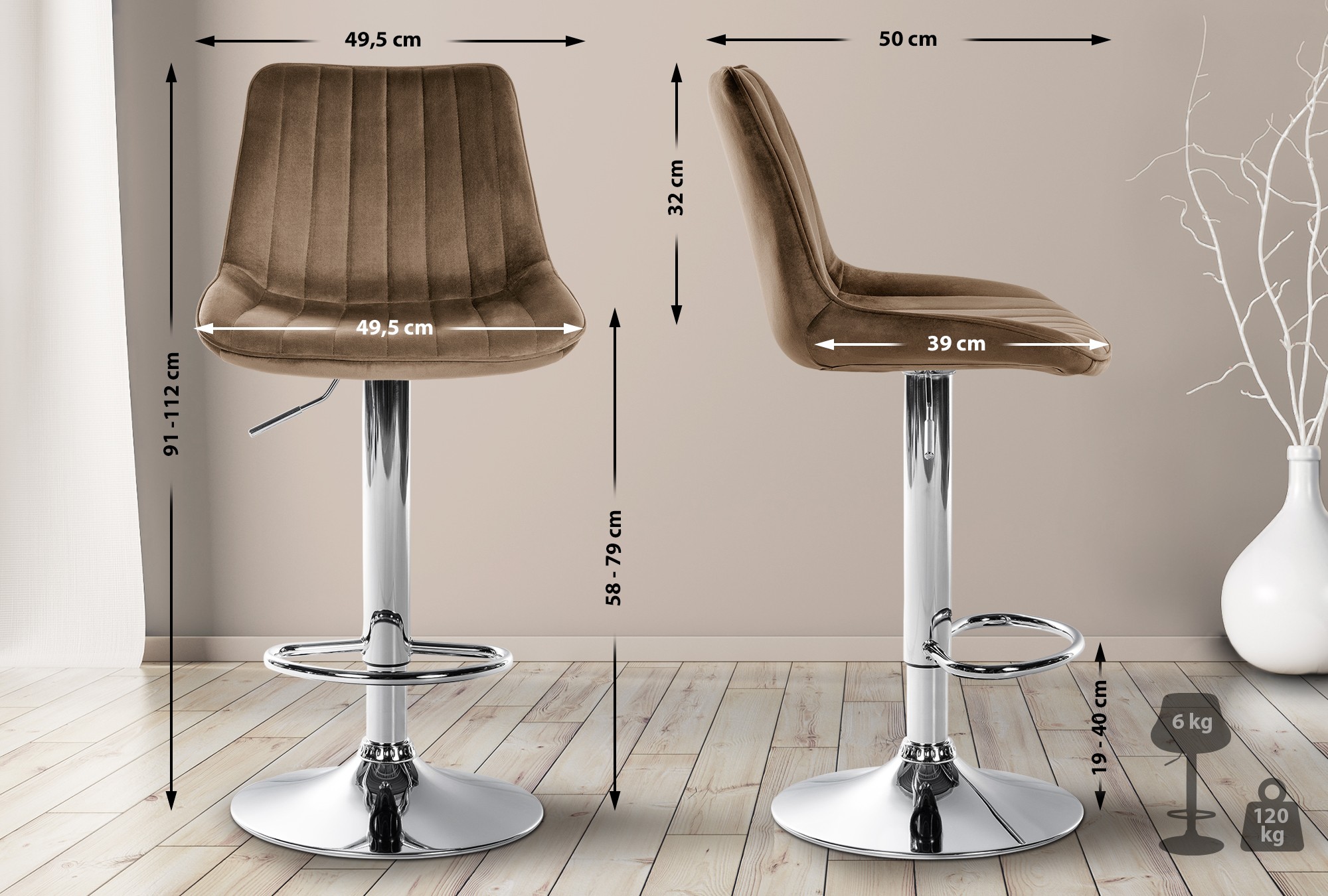 2er Set Barhocker Toni Samt Chrom
