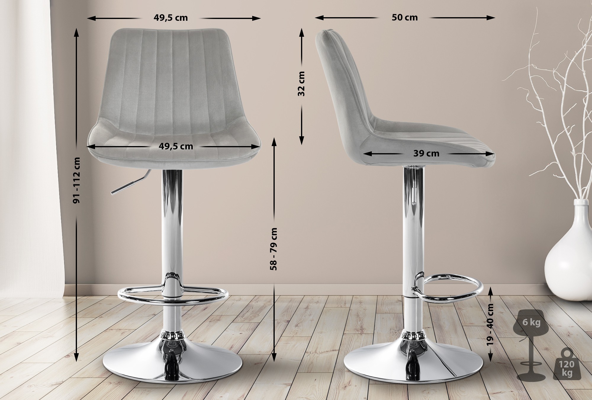 2er Set Barhocker Toni Samt Chrom