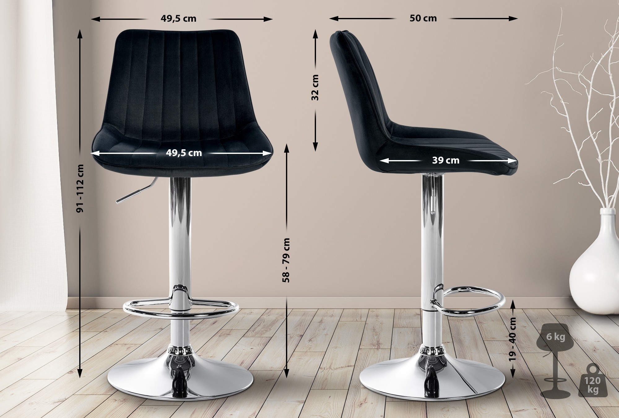 2er Set Barhocker Toni Samt Chrom