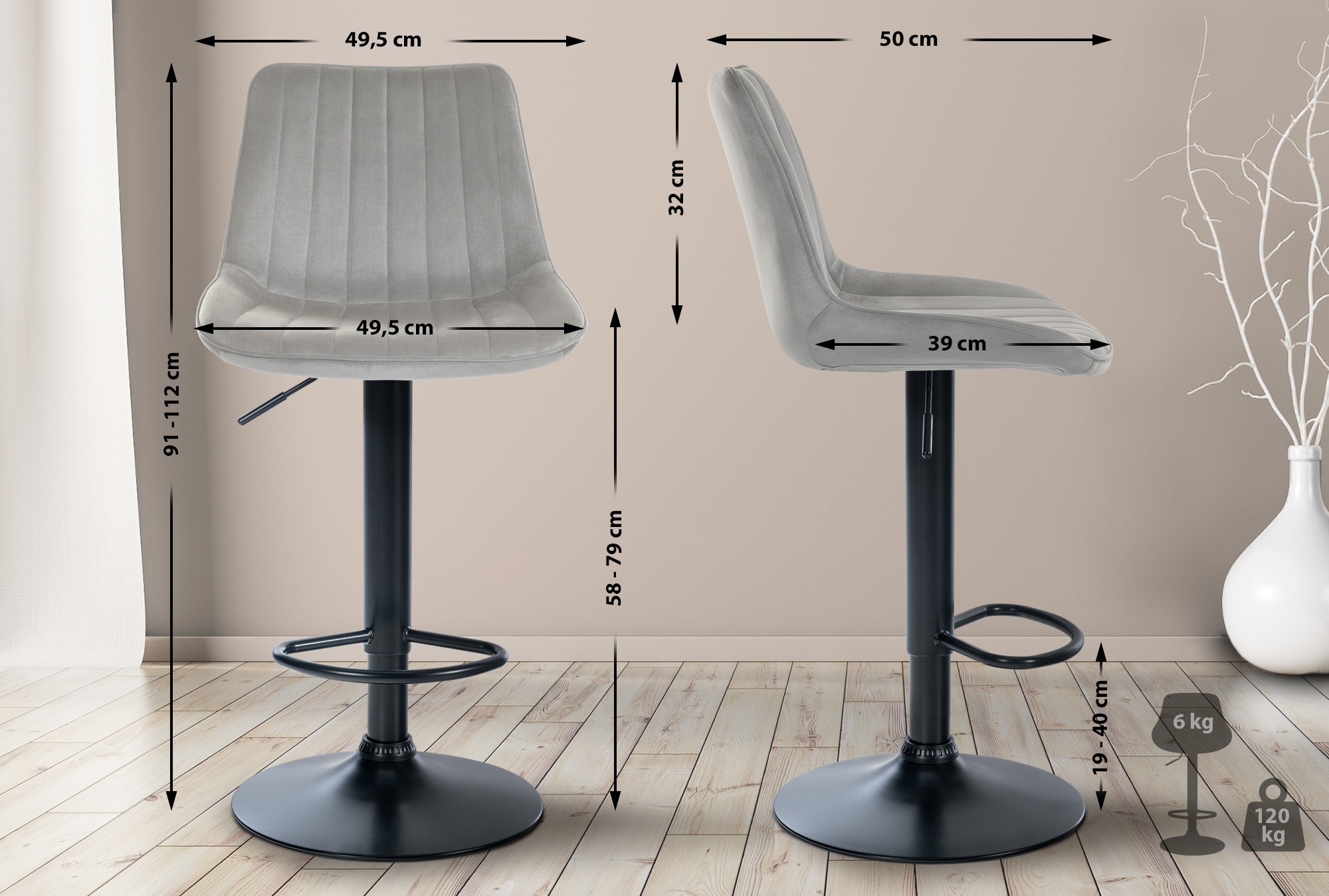 2er Set Barhocker Toni Samt Schwarz
