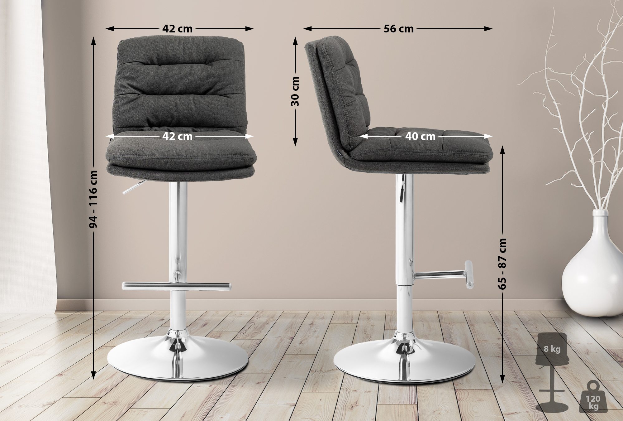 2er Set Barhocker Damar Stoff Chrom - Image 6