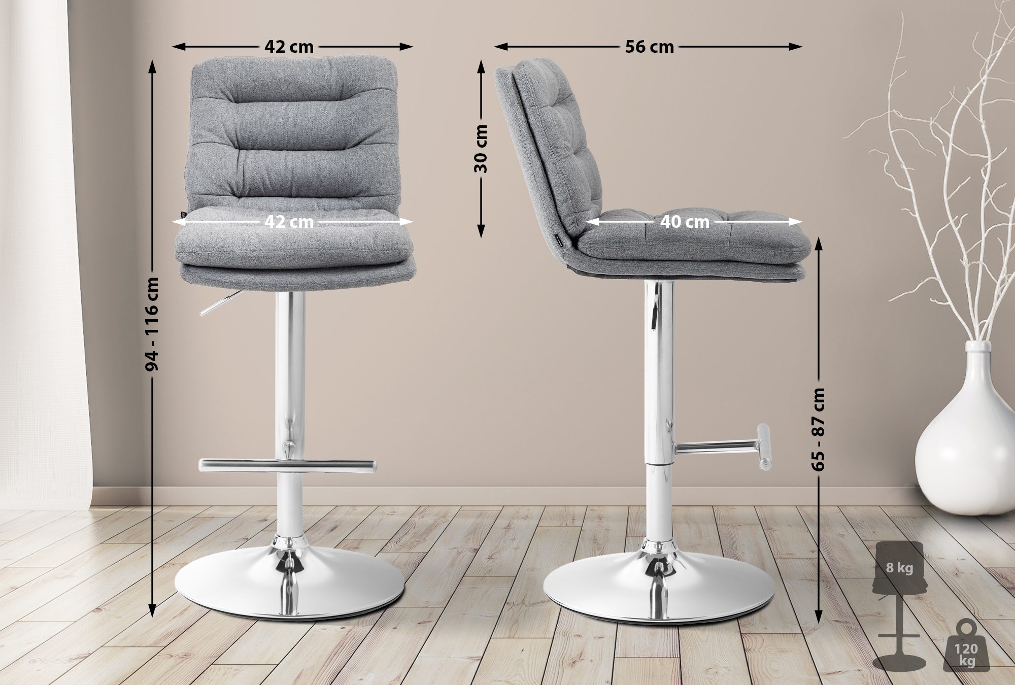 2er Set Barhocker Damar Stoff Chrom - Image 4