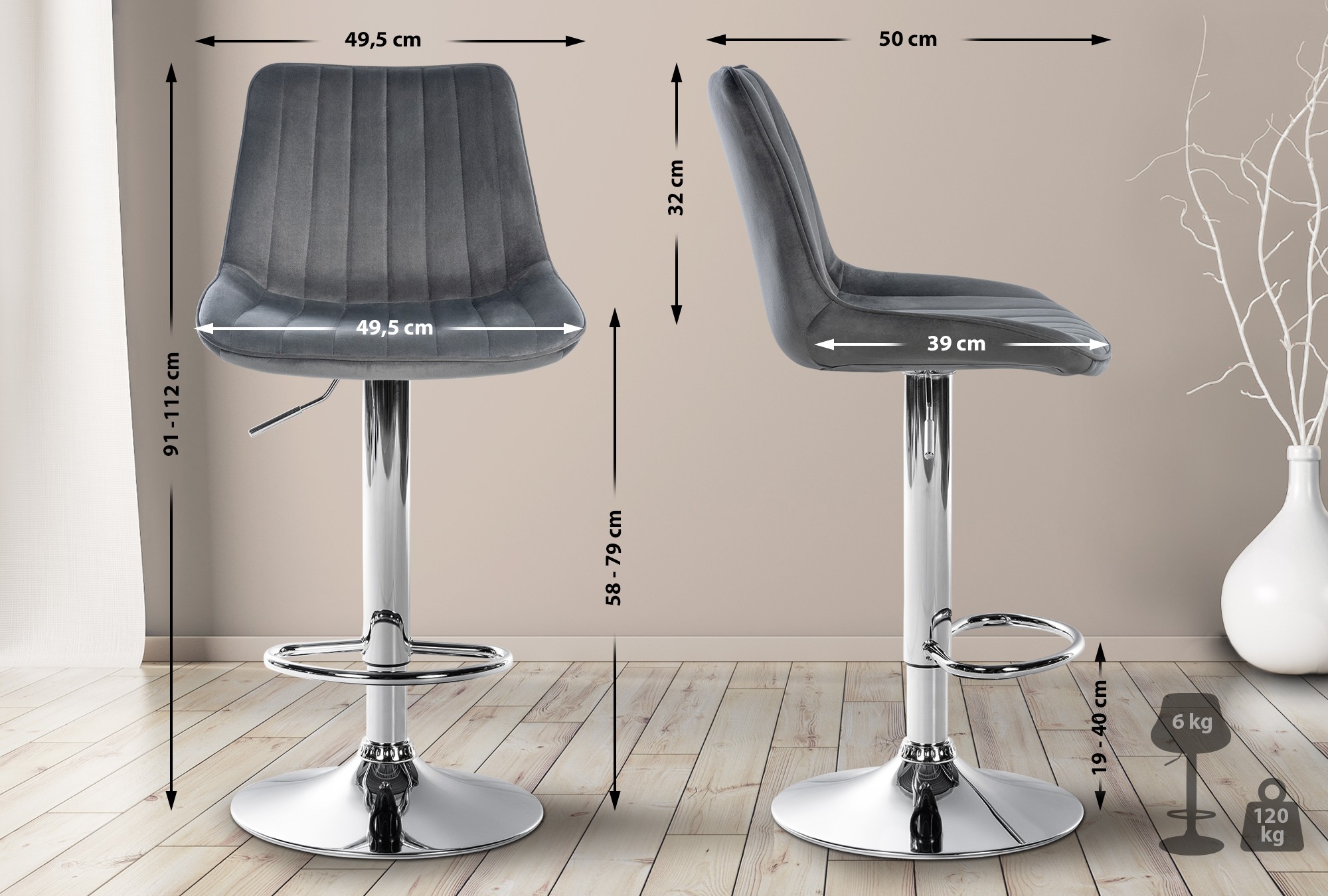 2er Set Barhocker Toni Samt Chrom