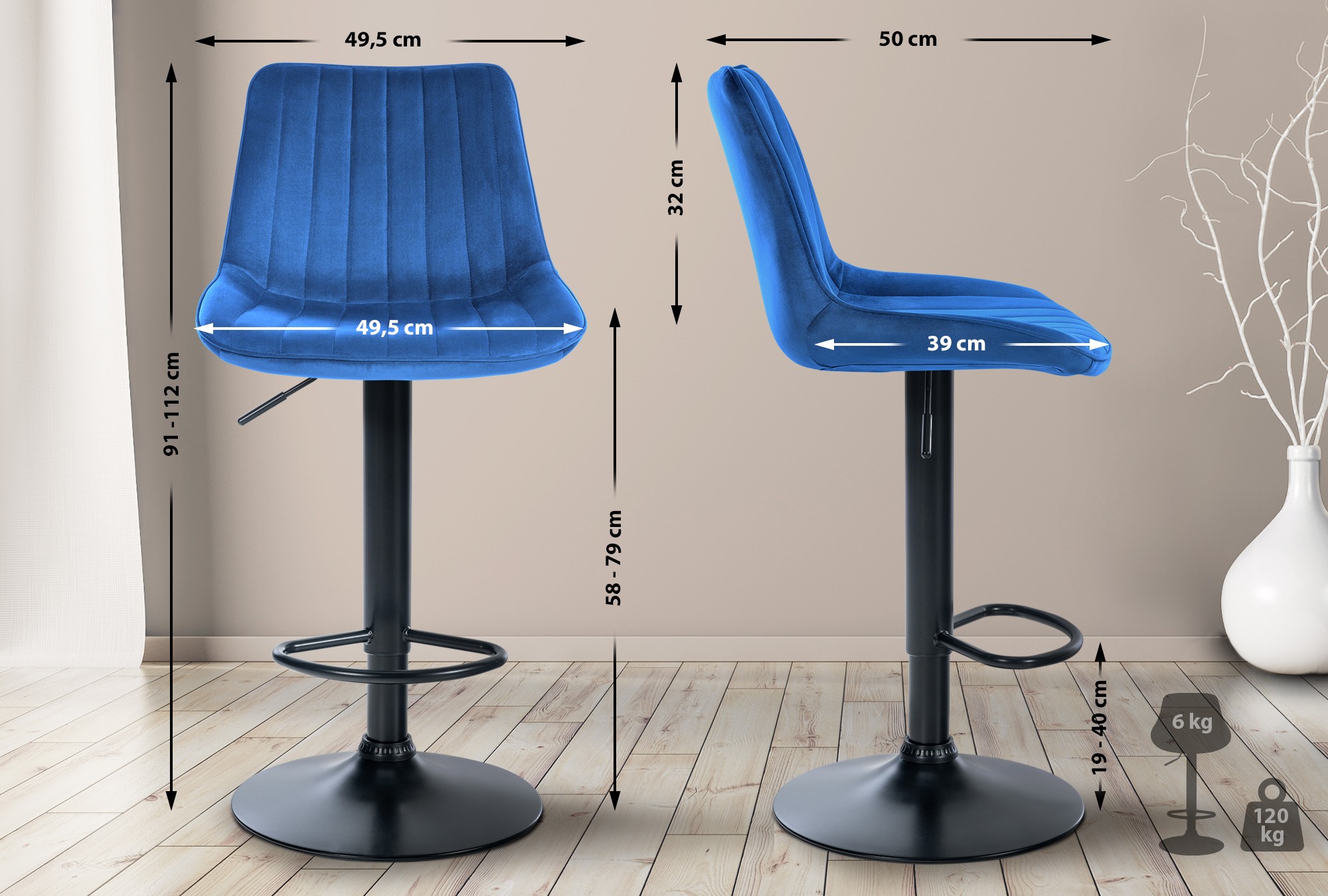2er Set Barhocker Toni Samt Schwarz