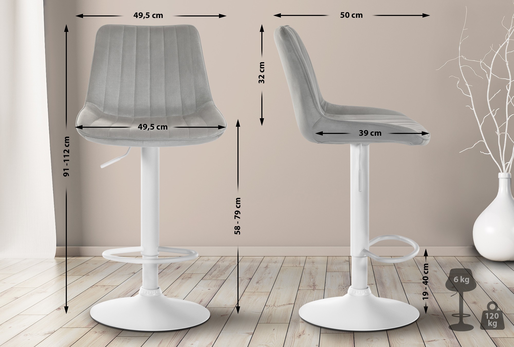 2er Set Barhocker Toni Samt Weiß