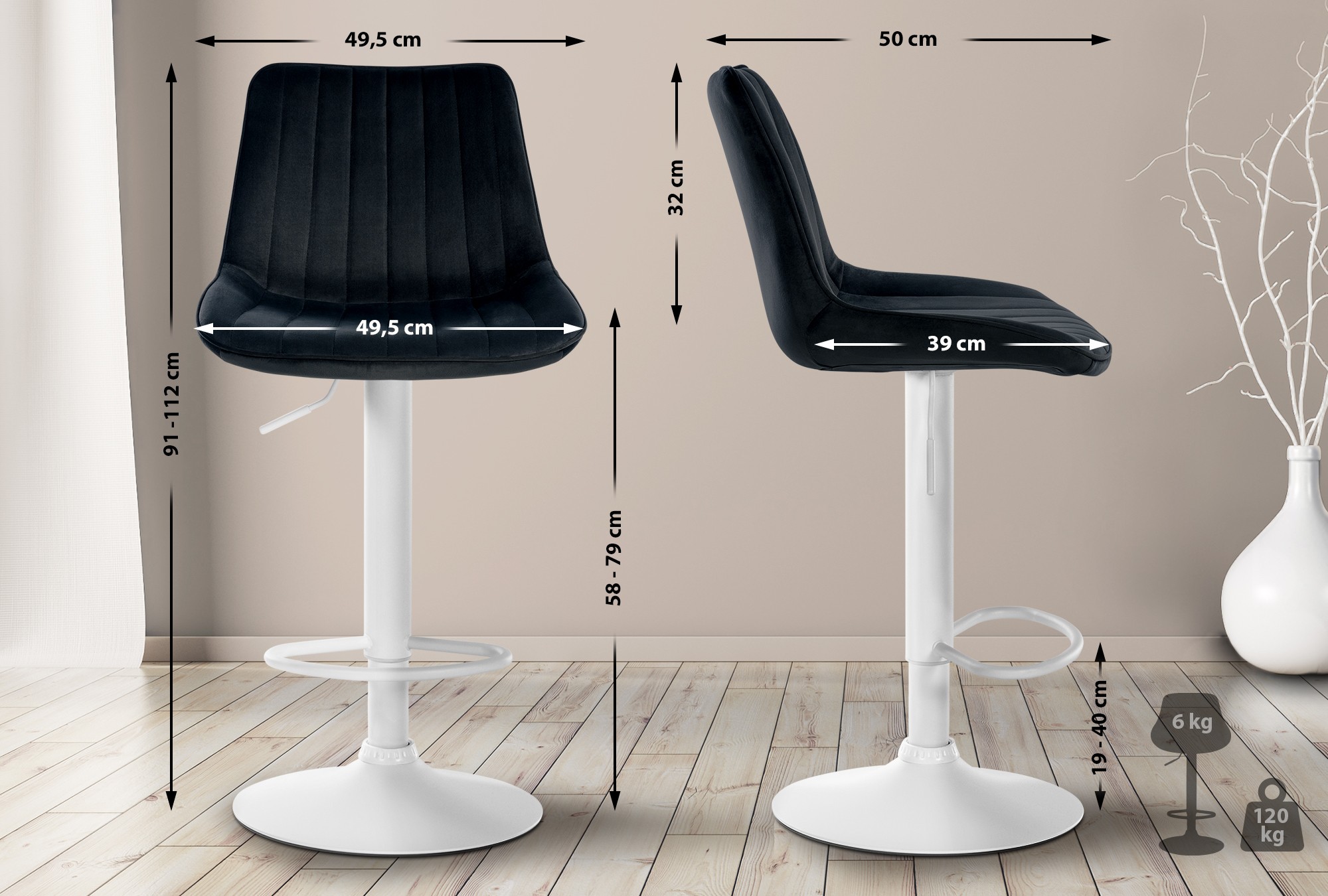 2er Set Barhocker Toni Samt Weiß