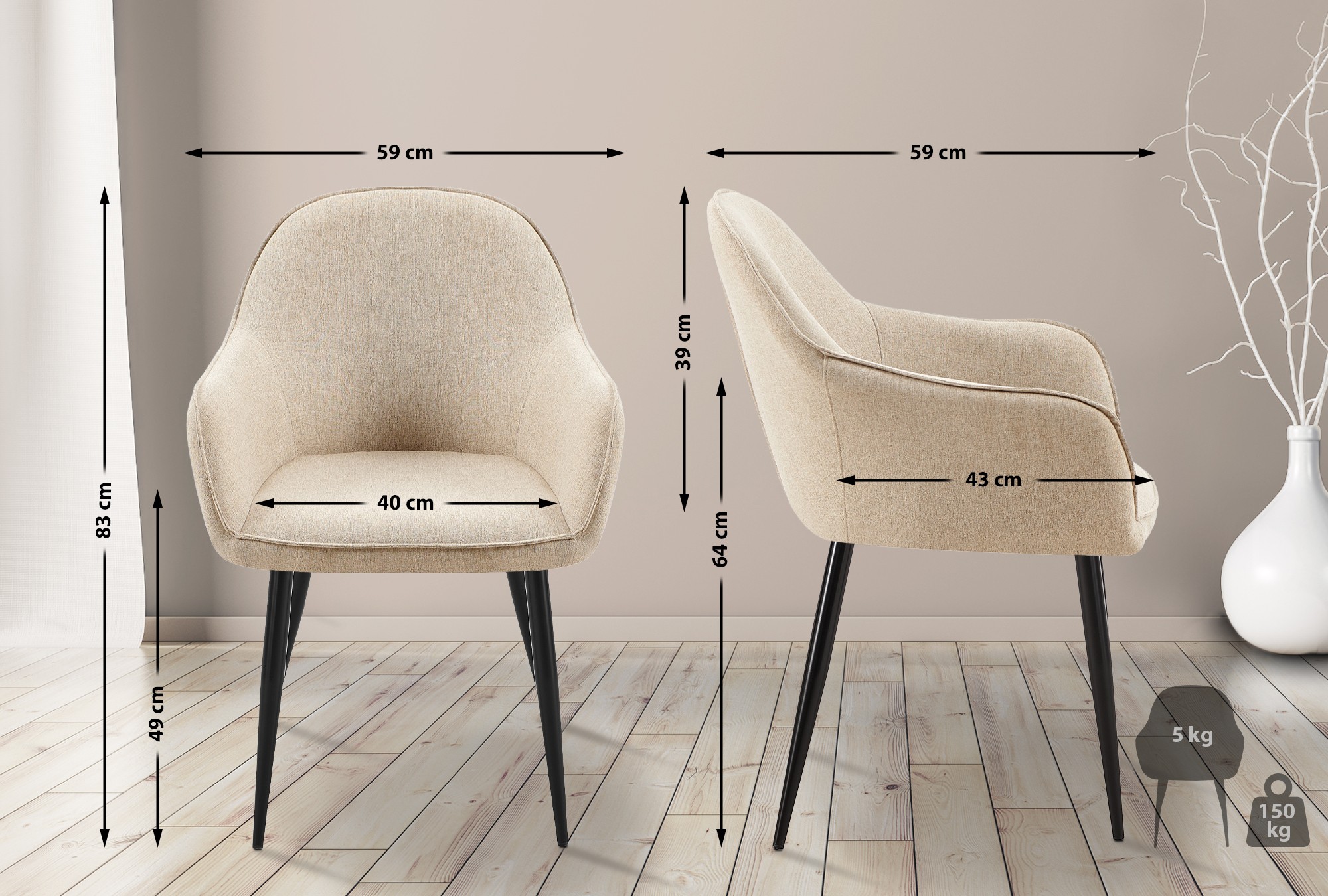 2er Set Esszimmerstühle Boise Stoff