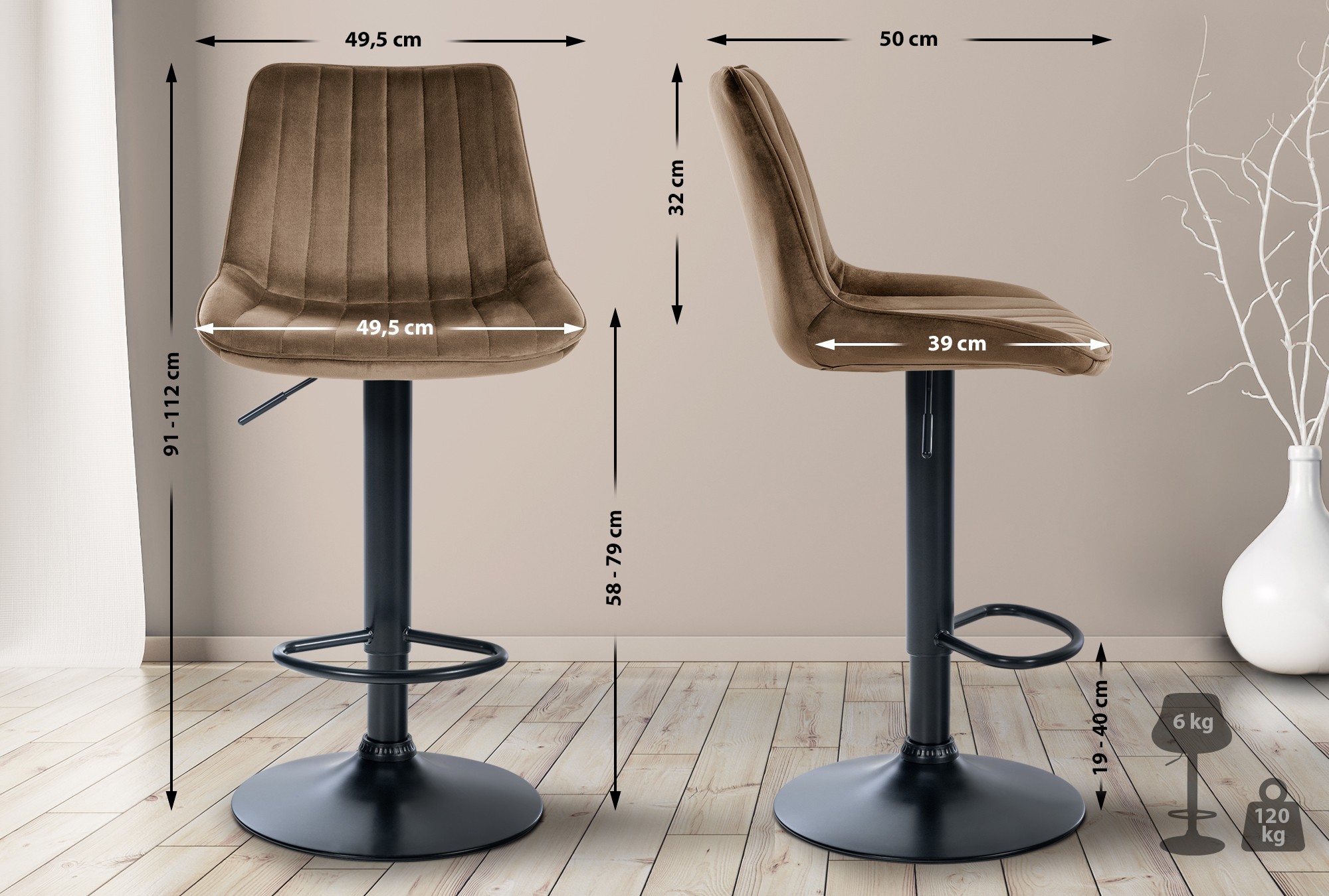 2er Set Barhocker Toni Samt Schwarz