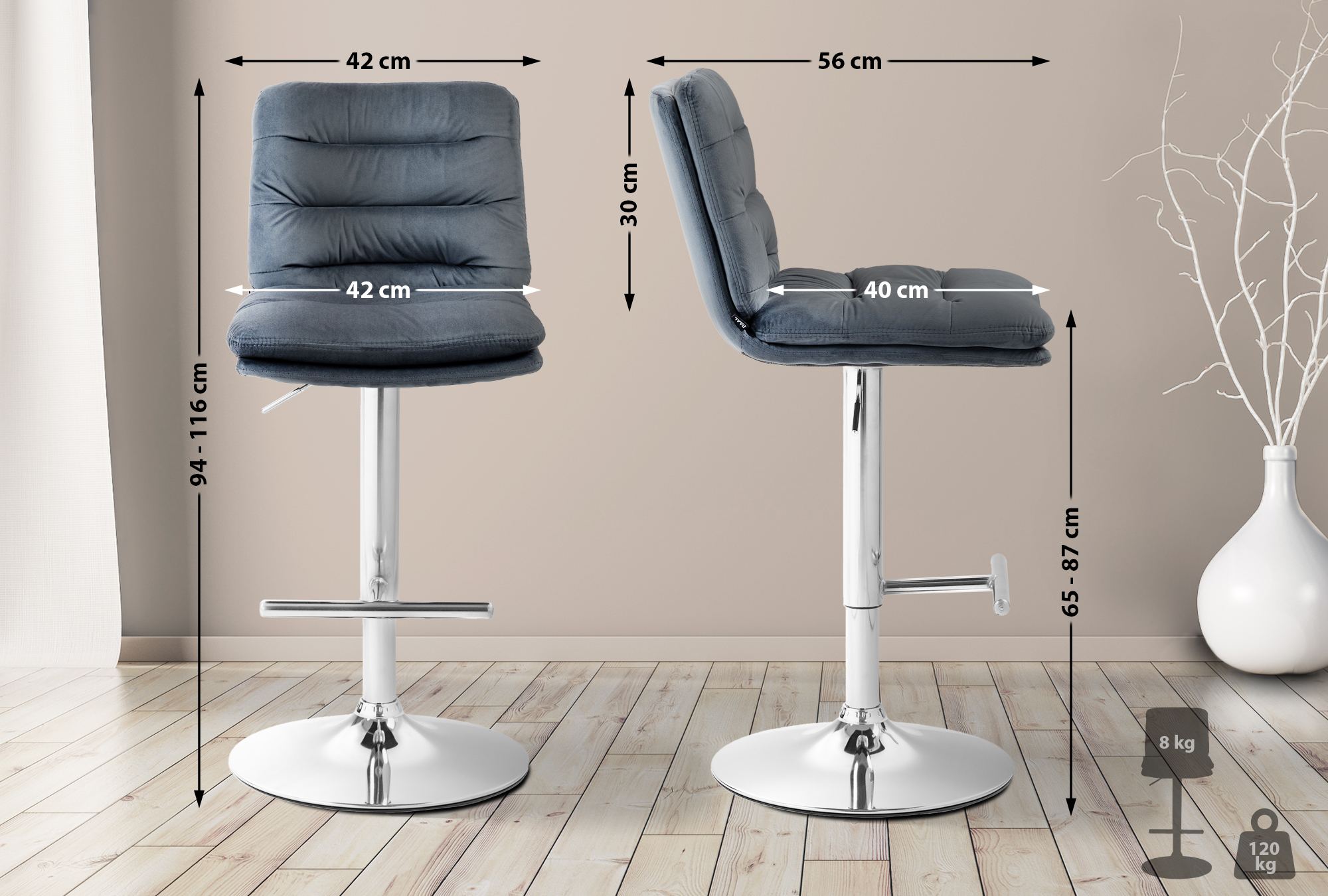 2er Set Barhocker Damar Samt Chrom - Image 4