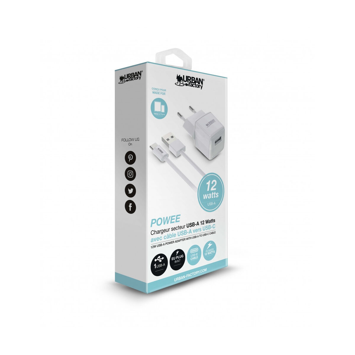 Caricabatterie Da Parete + Cavo UsB-C Urban Factory Psc25uf Bianco 12 W