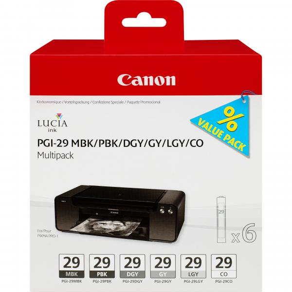 Canon Pgi 29 Mbk/pbk/dgy/gy/lgy/co Multipack 6er Pack Grau, Hellgrau, Dunkelgrau, Mattschwarz, Photo