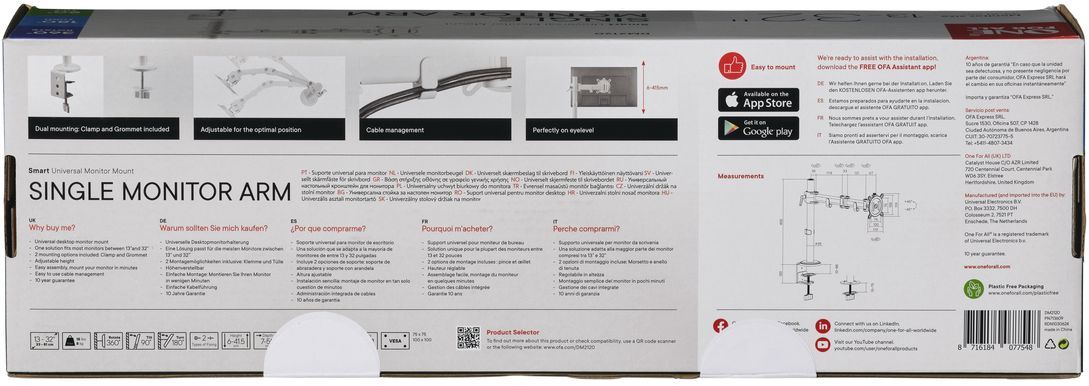 "supporto Per Monitor Intelligente - One For All - Vesa 100 - Braccio Singolo - 13 E 32"" - 8 Kg Max - Altezza Regolabile - Bianco" - Image 3