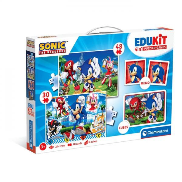 Clementoni - Edukit - Sonic - Scatola Didattica 4 In 1 - 2 Puzzle, 1 Promemoria, 1 Set Da 6 Cubi - Made In Italy - Dai 4 Anni In su