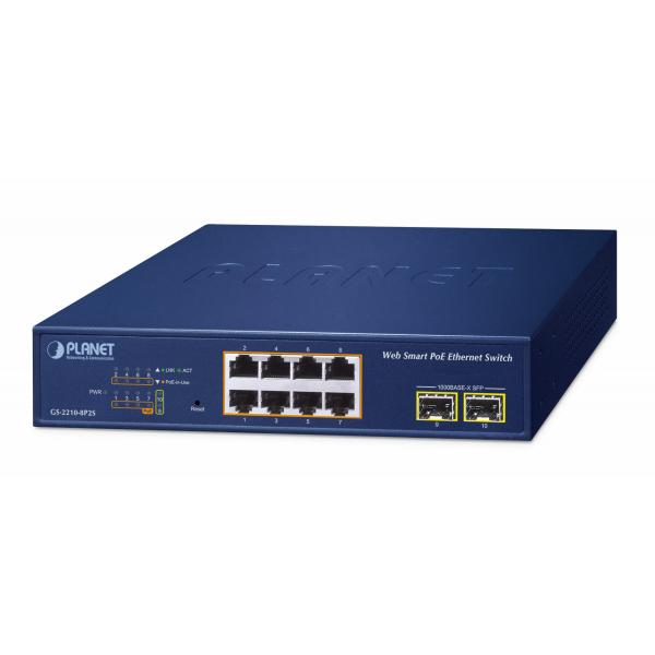 Planet 8-Port 10/100/1000t 802.3at Gestito L2 Gigabit Ethernet [10/100/1000] Blu (8-Port 10/100/1000t 802.3at - Poe + 2-Port 1000x Sfp Web - Smart et