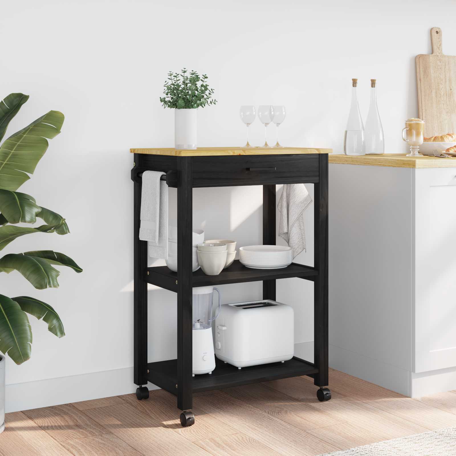 Carrello Da Cucina Tinta Unita Nero 88,5 X 40 X 60 cm