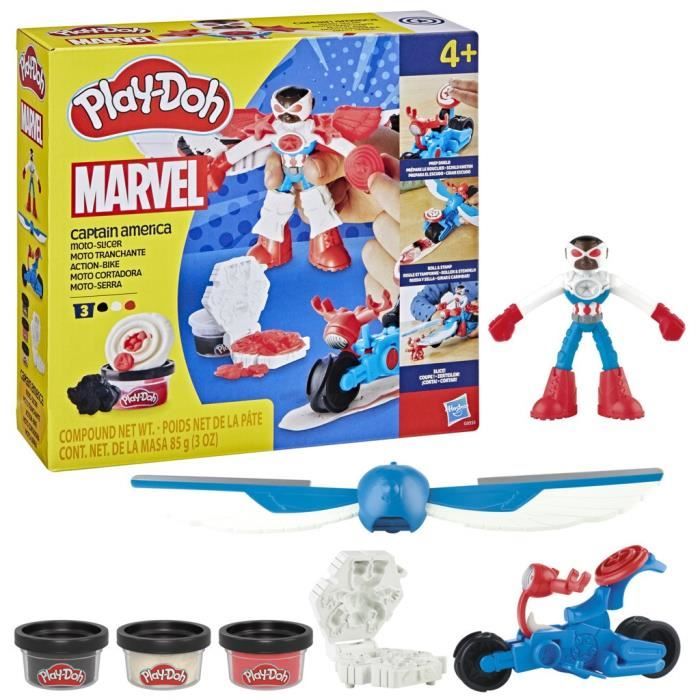 PlaY-Doh Captain America, Set Sharp Motorcycle Con Personaggio Flessibile, 3 Accessori E Pasta Da Modellare, Dai 4 Anni, Marvel