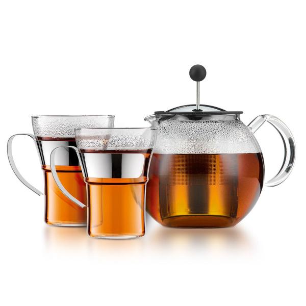 Teiera Con Pressa - Bodum - Assam Set - 1,0 L Con Coperchio, Filtro In Acciaio Inox + 2 Tazze In Vetro Con Manici In Acciaio Inox 0,35 L