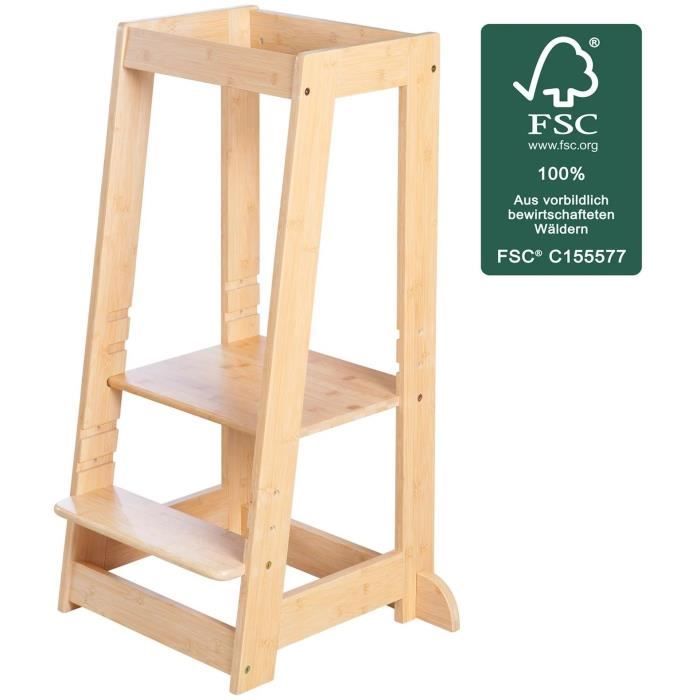 Torre Di Apprendimento Montessori - Roba - Bambù Certificato Fsc - Regolabile Su 3 Livelli Di Altezza - Fino A 80 Kg - Naturale