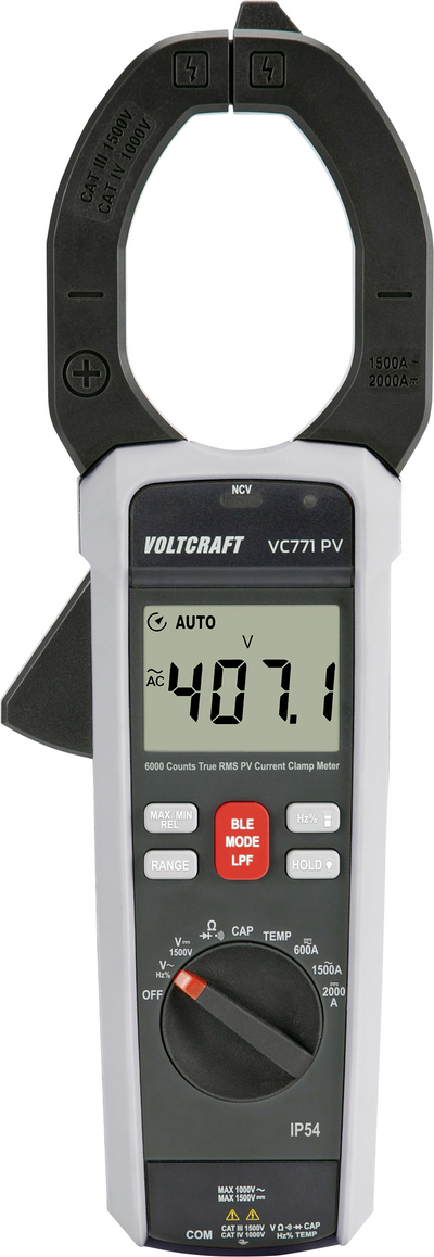 Voltcraft Vc771 Pv Stromzange 2000 A (dc), 1500 A (ac) Digital Cat Iii 1500 V, Cat Iv 1000 V, Lpf, Ios App, Android App (vC-15078310)