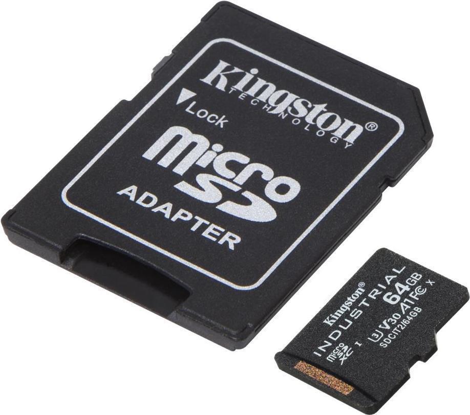 Kingston Industrial - FlasH-Speicherkarte (microsdxC-AN-SD-Adapter Inbegriffen) - 64 Gb - A1 / Video Class V30 / UhS-I U3 / Class10 - Microsdxc UhS-I