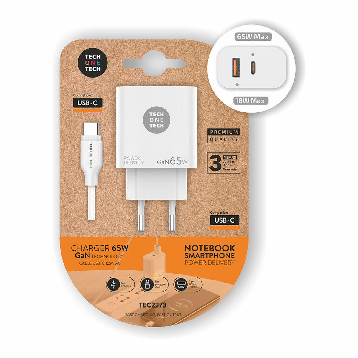 Caricabatterie Da Parete + Cavo UsB-C Tech One Tech Tec2273 Bianco 65 W
