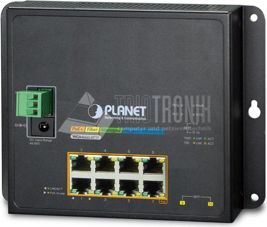 Planet WgS-5225-8p2s - Switch - L4 - Managed - 8 X 10/100/1000 (poe+) + 2 X 100/1000/2.5g - An DiN-Schiene Montierbar, Wandmontierbar - Poe+ (240 w)