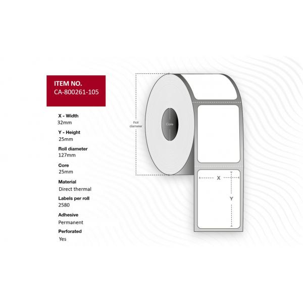 Capture CA-800261-105 Etichetta Per Stampante (label 32 X 25mm, Core 25mm, - Direct Thermal, Coated, - Permanent, Perforated, 2580 Labels Per Roll, 1