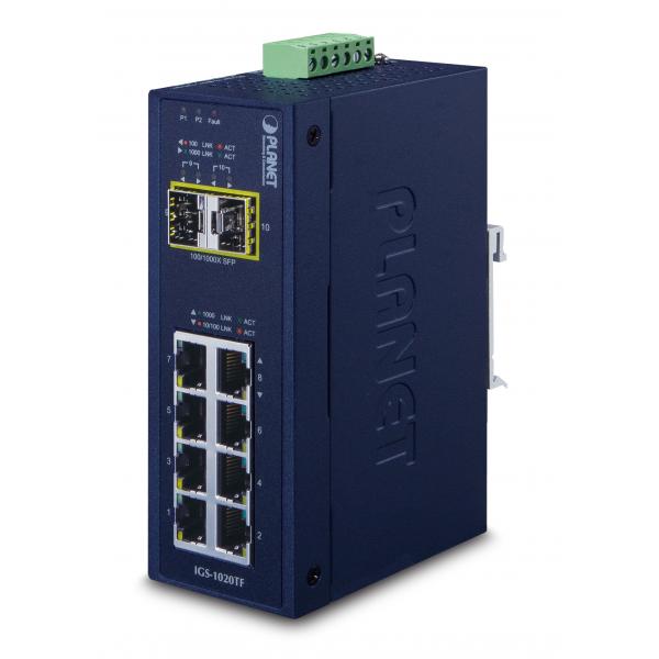 Planet IgS-1020tf Switch Di Rete Non Gestito Gigabit Ethernet [10/100/1000] Blu (ip30 Industrial 8-P 10/100/100 - + 2-P 100/1000x Sfp Ethernet - Swit