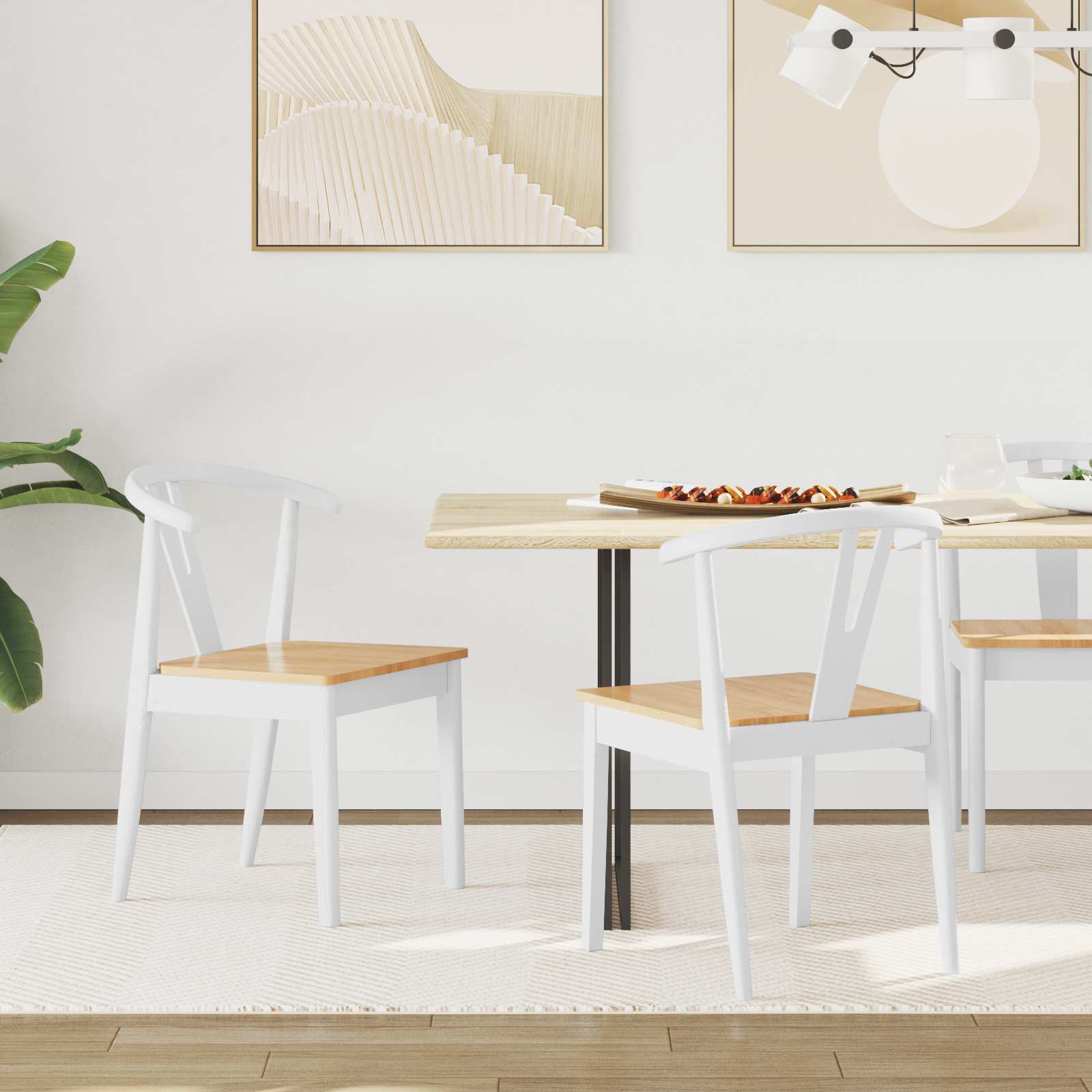 Sedia Da Pranzo 2 Pcs Bianco E Naturale Legno Di Gomma Solido