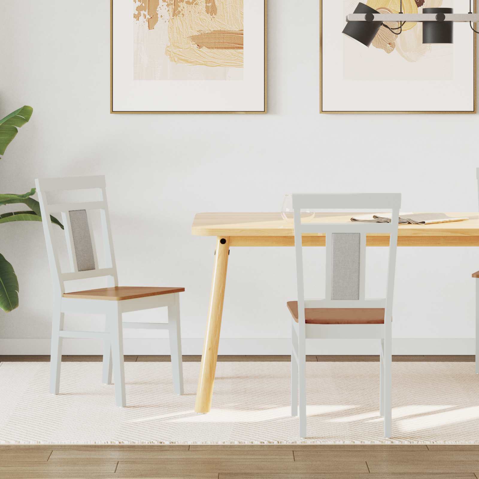 Sedia Da Pranzo 2 Pcs Bianco E Naturale Legno Di Gomma Solido