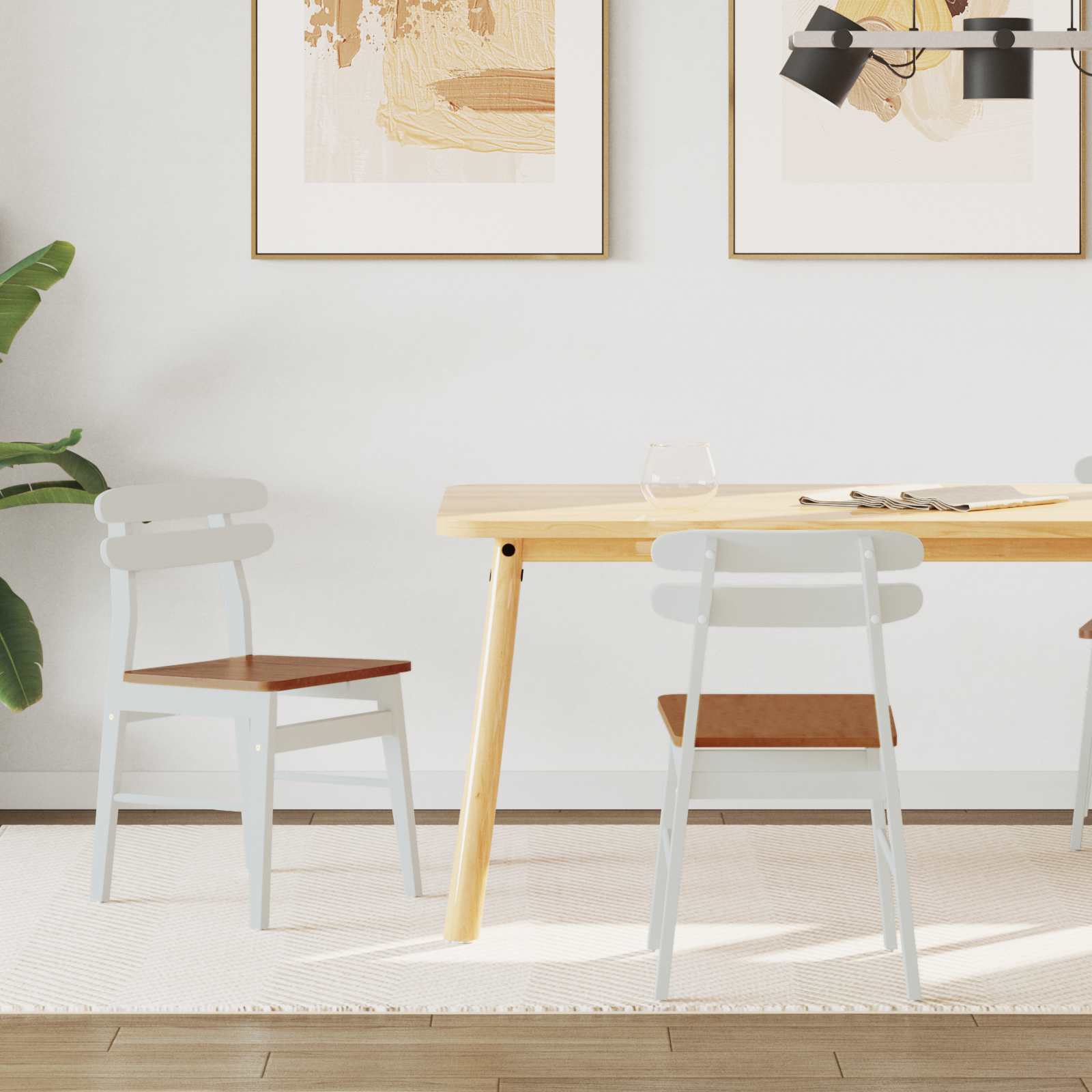 Sedia Da Pranzo 2 Pcs Bianco E Naturale Legno Di Gomma Solido