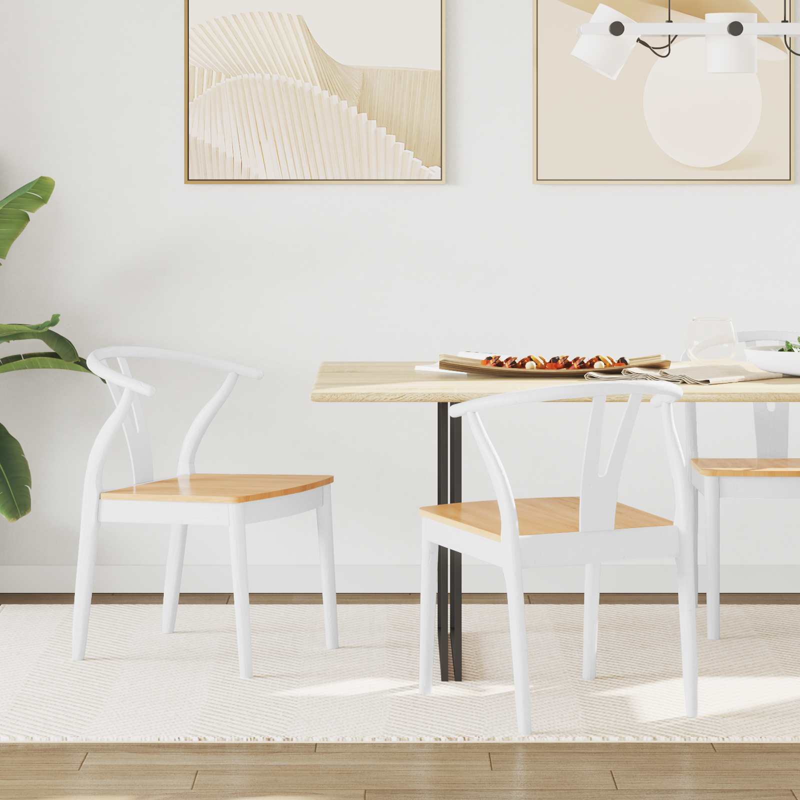 Sedia Da Pranzo 2 Pcs Bianco E Naturale Legno Di Gomma Solido