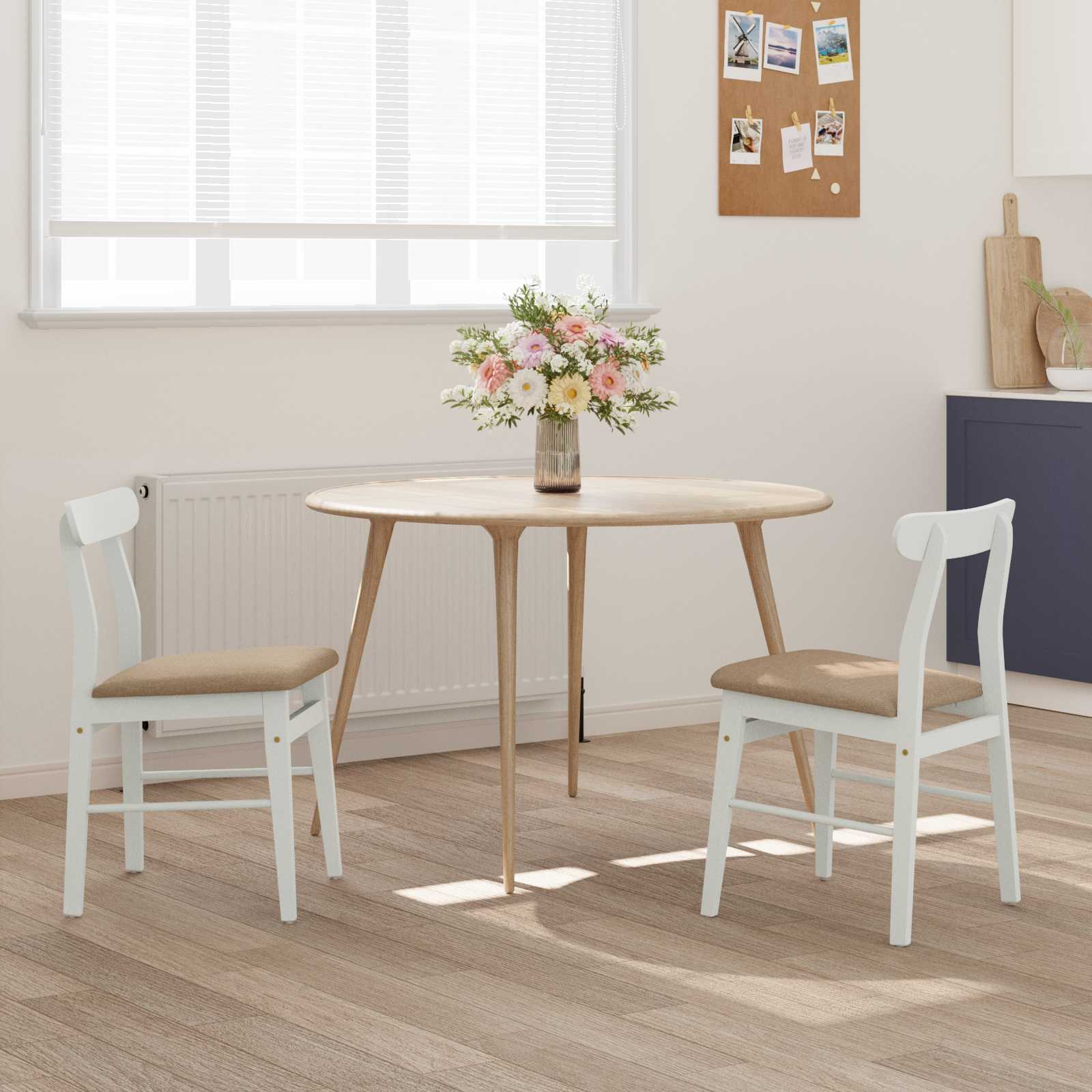 Sedia Da Pranzo 2 Pcs Bianco E Marrone Legno Di Gomma Solido - Image 3