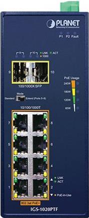 Planet IgS-1020ptf - Switch - Unmanaged - 8 X 10/100/1000 (poe+) + 2 X Gigabit Sfp - An DiN-Schiene Montierbar, Wandmontierbar - Poe+ (240 W) - Gleic