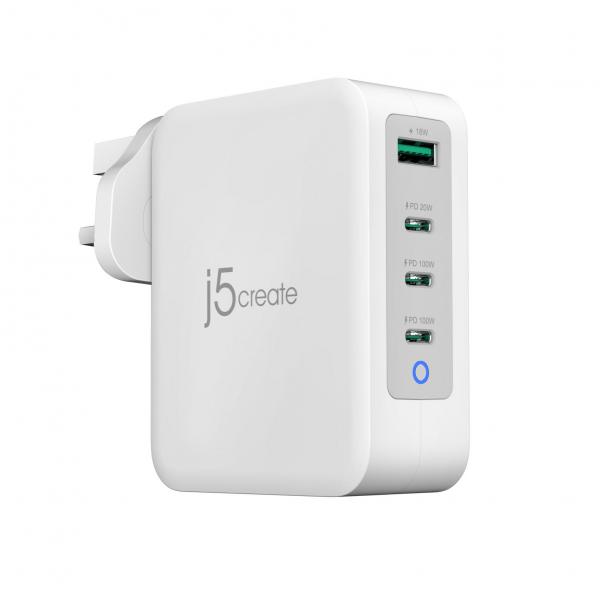 J5create Jup43130F-Fn Caricatore Gan UsB-C® A 4 Porte Da 130w - Uk (130w Gan UsB-C 4-Port Charger - - Uk White Grey)