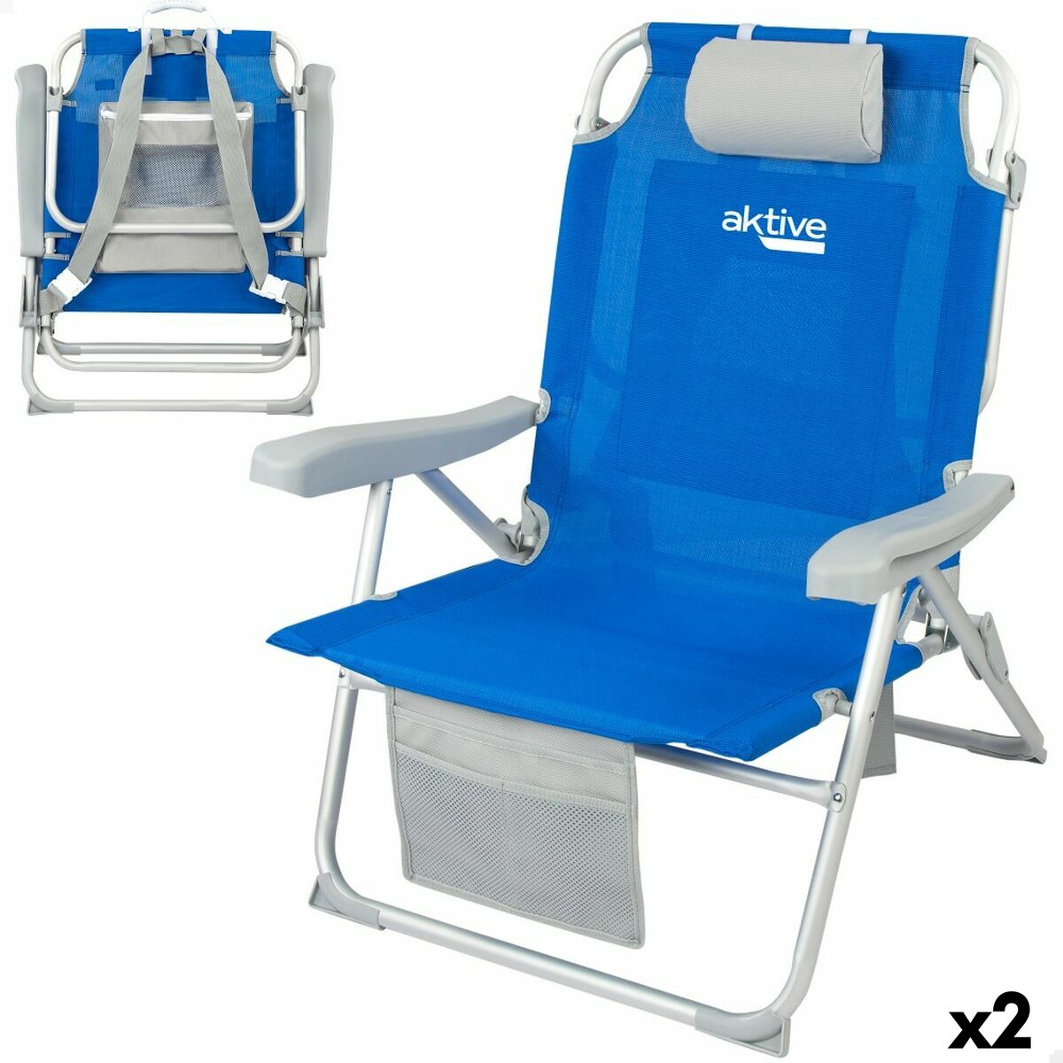 Sedia Pieghevole Con Poggiatesta Aktive Azzurro 55 X 86 X 66 Cm (2 Unità)