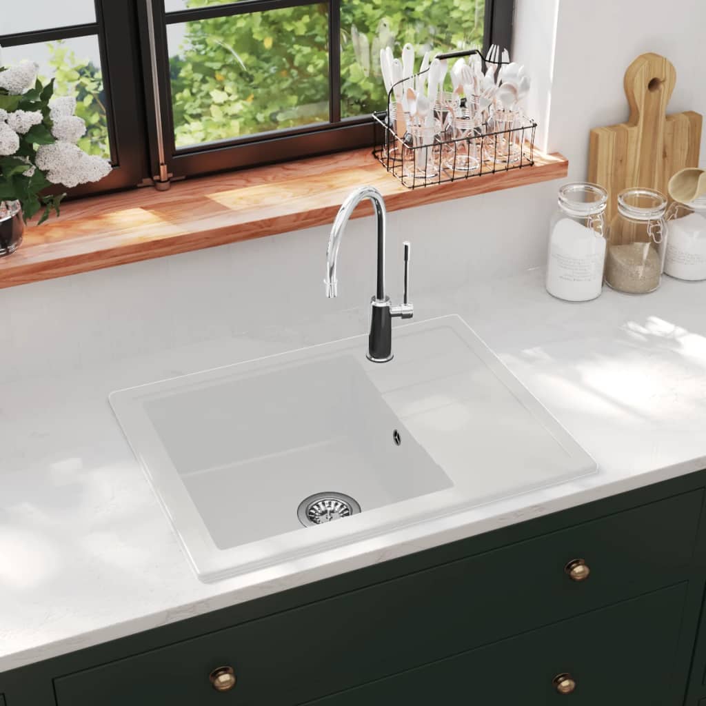 Lavello Da Cucina Con Foro Troppopieno Ovale Bianco In Granito