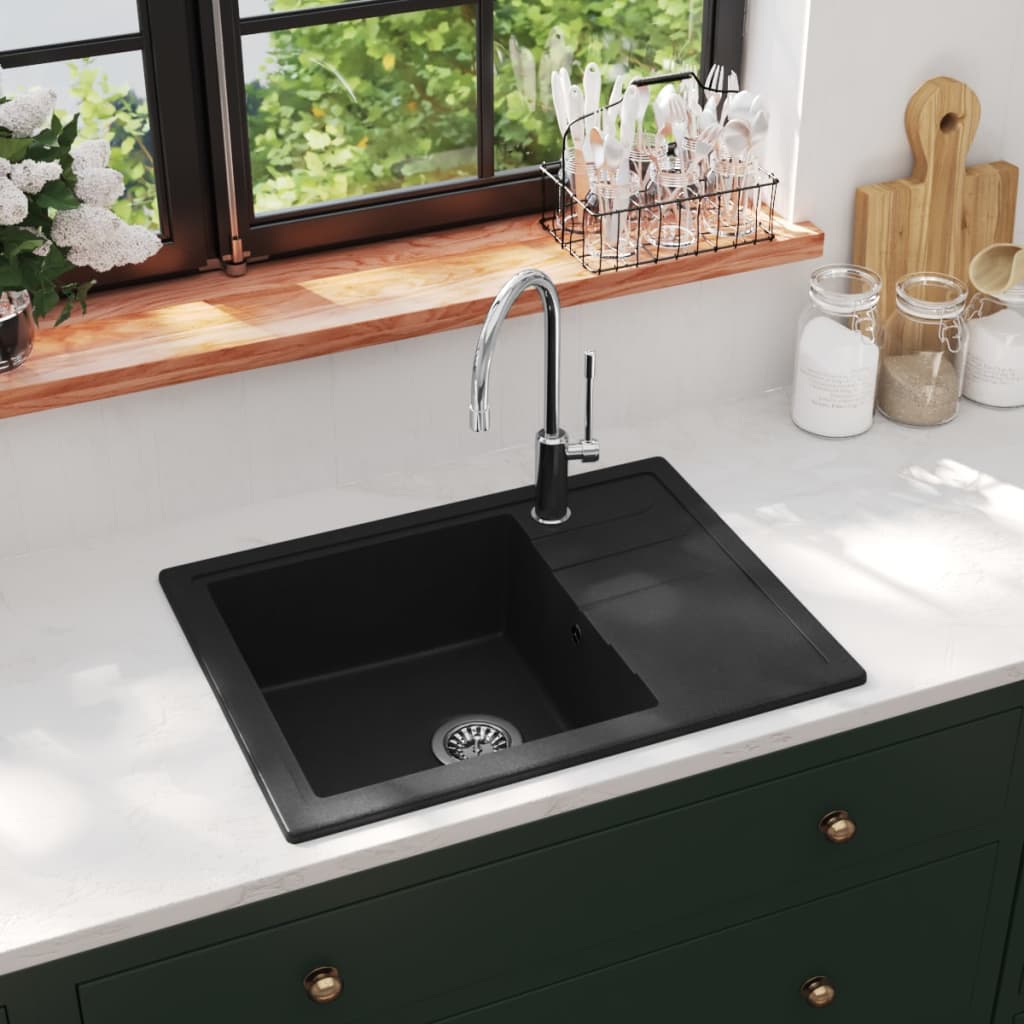 Lavello Da Cucina Con Foro Troppopieno Ovale Nero In Granito