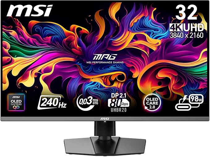 Msi, Mpg 322urxde QD-Oled, 32-Zoll,4k Uhd, 3840x2160,oled Monitor, 240hz, 0.03ms, Displayhdr True Black 400, G-Sync Kompatibel, Hdmi 2.1, Dp 2.1a, us