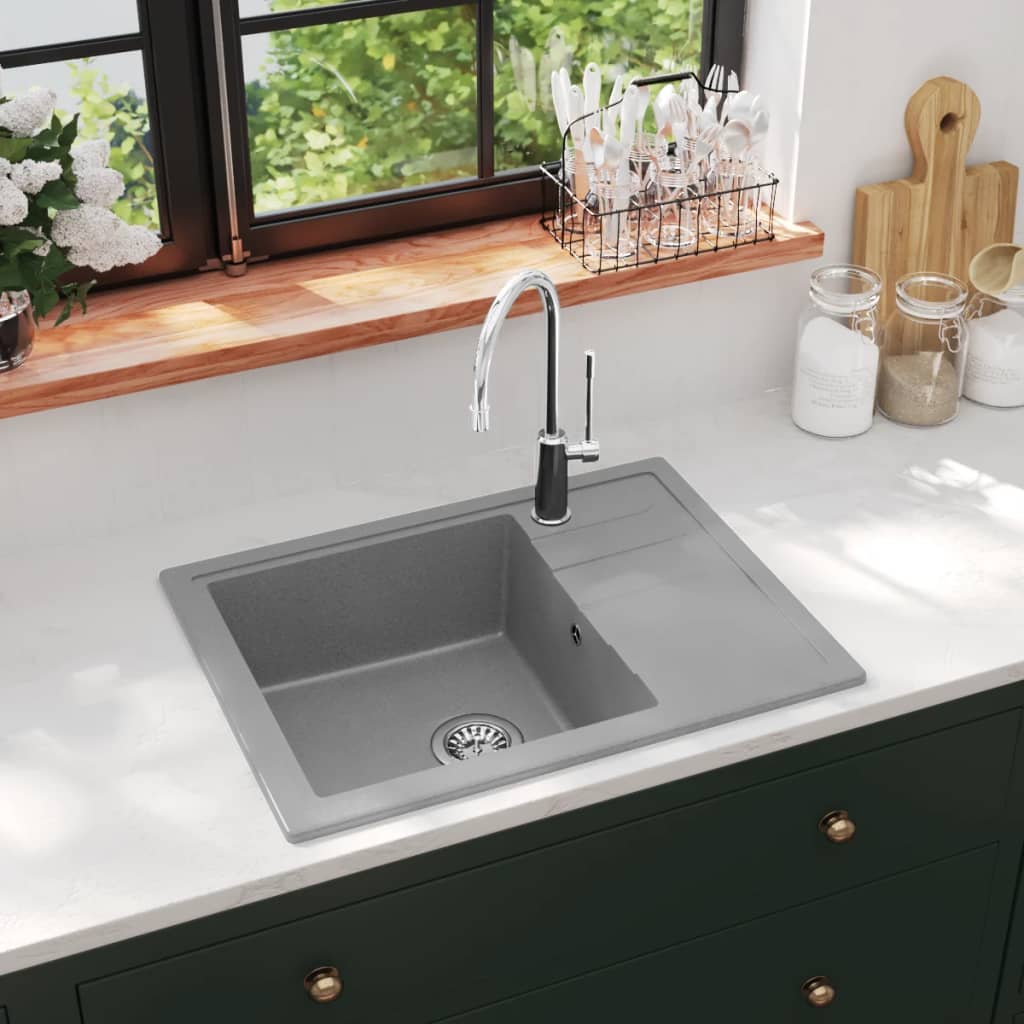 Lavello Da Cucina Con Foro Troppopieno Ovale Grigio In Granito
