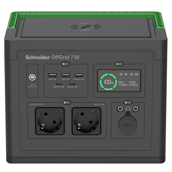 Apc Schneider Offgrid 730 - Tragbares Kraftwerk - Lcd, LithiuM-Ionen, 2 Cee 7/3 SchukO-Steckdosen, Sinuswelle, 3 UsB-A, 1 UsB-C, Kabelloses Laden